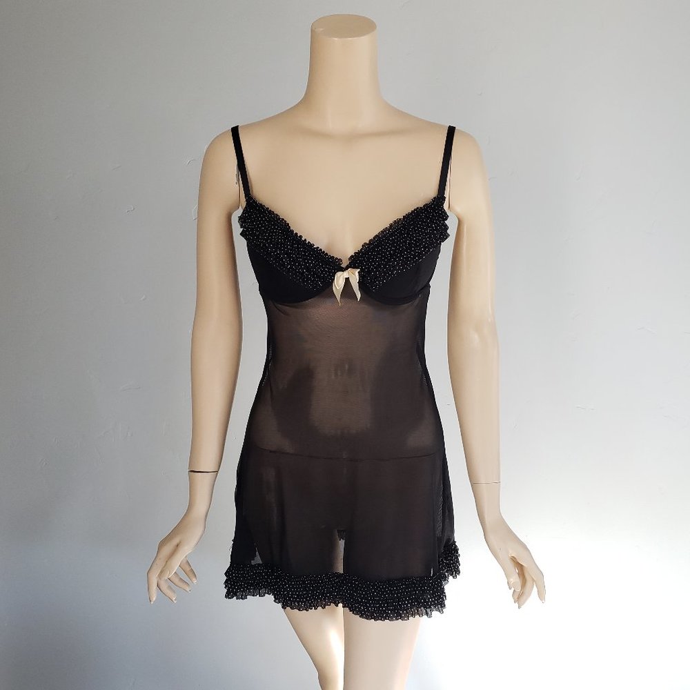 Marilyn Monroe Black Coquette Sheer Mesh Polka Dot Ruffle Babydoll Chemise